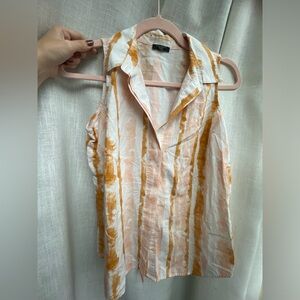 3/$15🦋 Cotton Collared Sleeveless Button Down Blouse White orange Small Petite